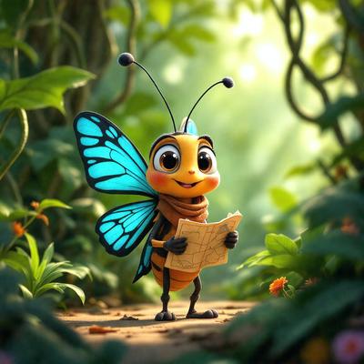 The primary subject of the image is a cartoon-like butterfly, which is holding a map and appears to be reading it. The setting is a forest, with the butterfly standing on a dirt path. The visual style is a combination of digital art and illustration, creating a whimsical and playful atmosphere. The colors are predominantly shades of green, brown, and blue, which contribute to the natural and lively ambiance of the scene.